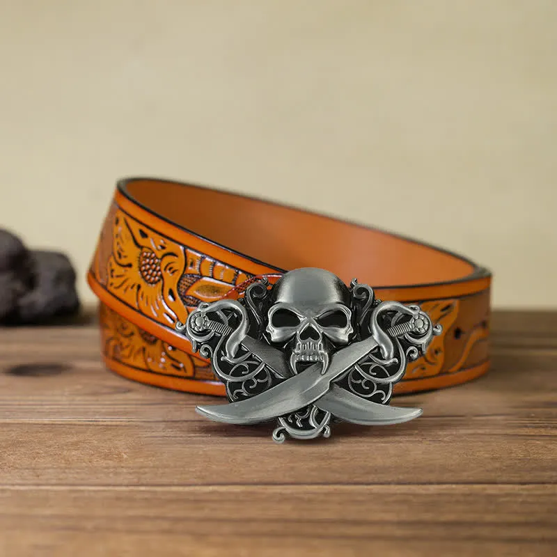 Men's DIY Double Swords Skull Ghost Buckle Leather Belt