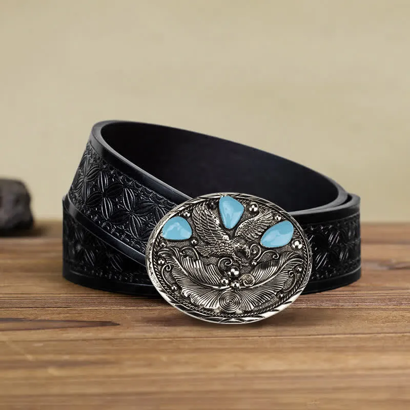 Men's DIY Horse Eagle Faux Turquoise Buckle Leather Belt