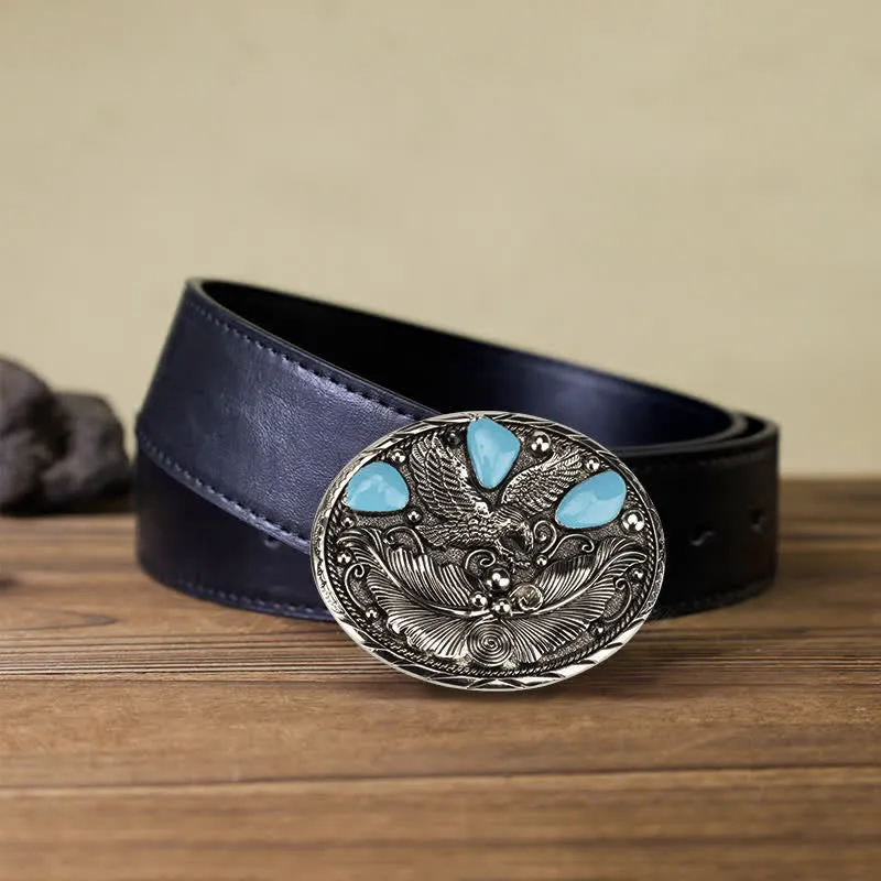 Men's DIY Horse Eagle Faux Turquoise Buckle Leather Belt