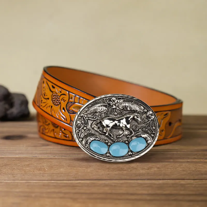 Men's DIY Horse Eagle Faux Turquoise Buckle Leather Belt