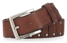 Men's Ribbed & Studded Detail Genuine Leather Belt - Brown