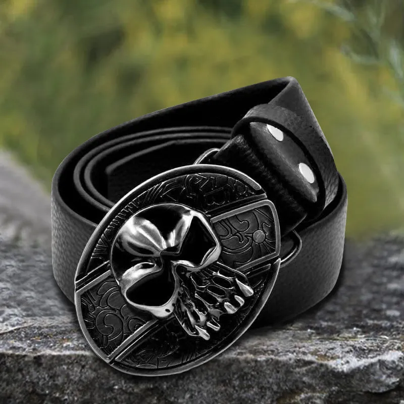 Men's Skull Head Leather Belt With Folding Knife