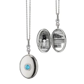 Monica Rich Kosann Sterling Silver Oval Locket Necklace with Swiss Blue Topaz and White Sapphires