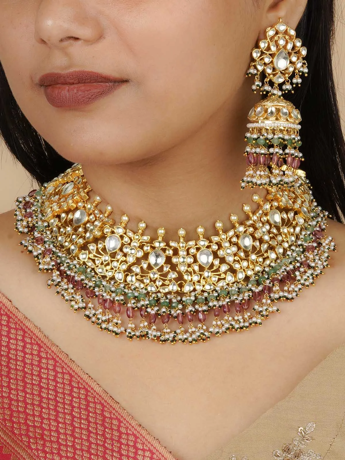 Multicolor Gold Plated Jadau Kundan Necklace Set - MS2043YA