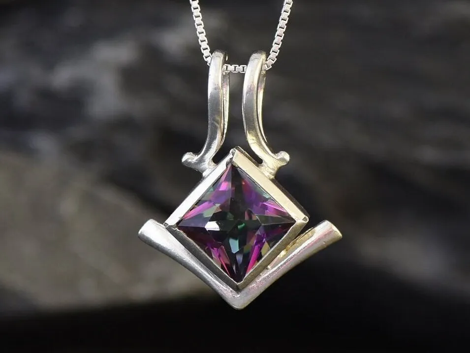 Mystic Topaz Pendant - Violet Square Necklace - Vintage Topaz Necklace