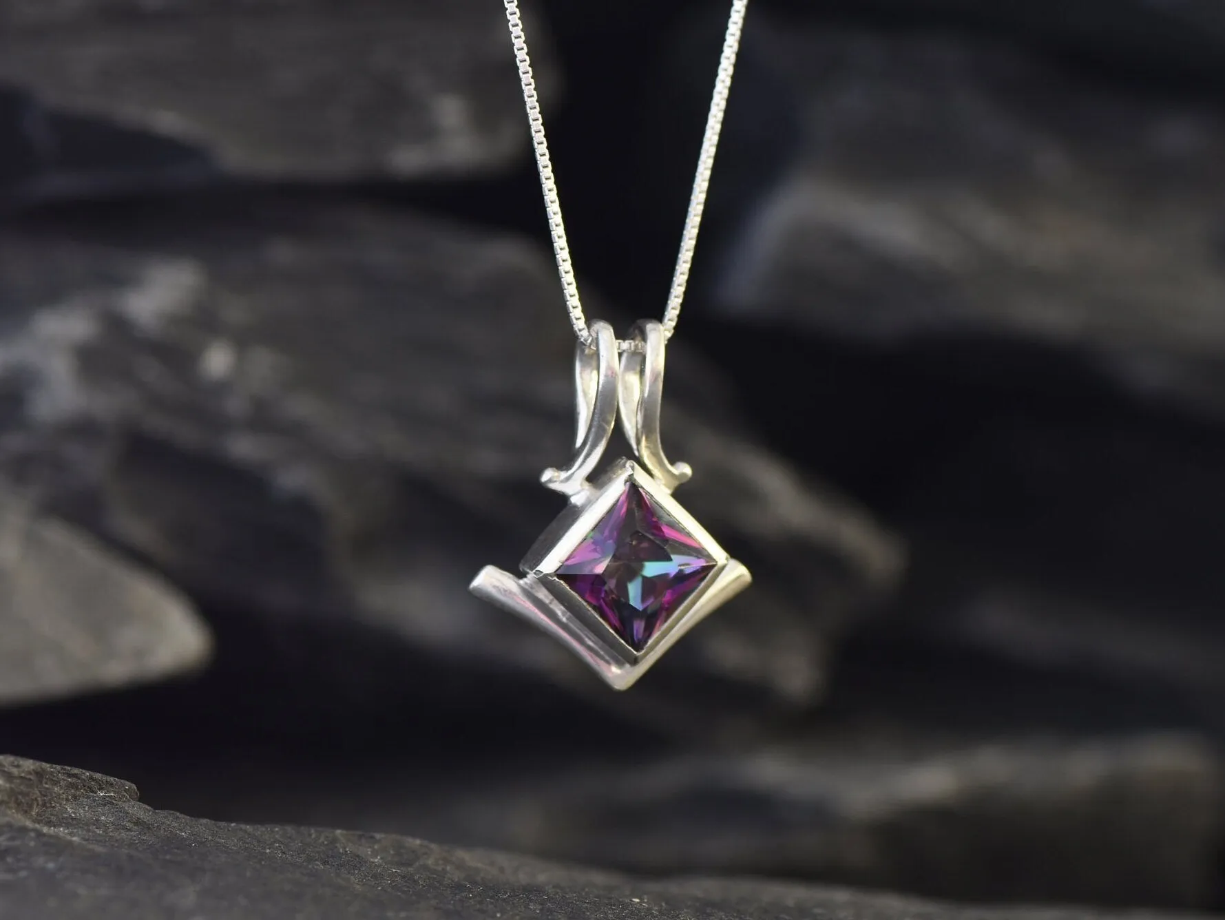 Mystic Topaz Pendant - Violet Square Necklace - Vintage Topaz Necklace