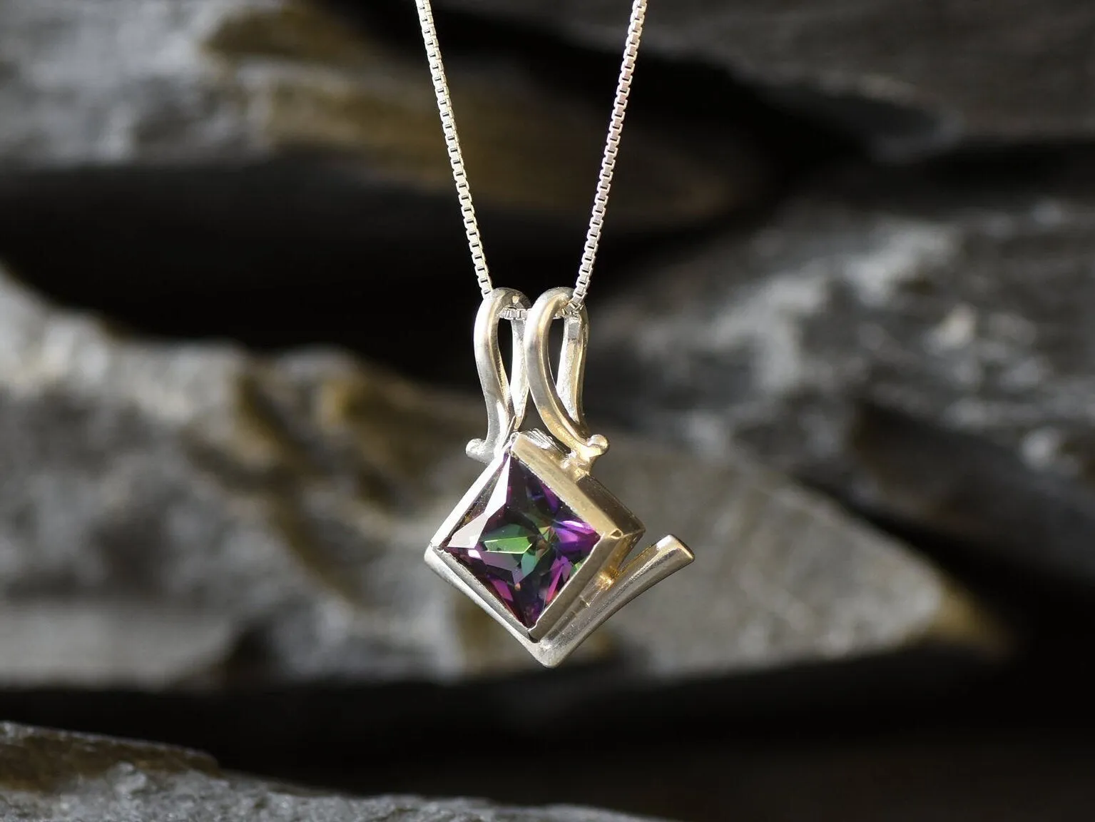 Mystic Topaz Pendant - Violet Square Necklace - Vintage Topaz Necklace