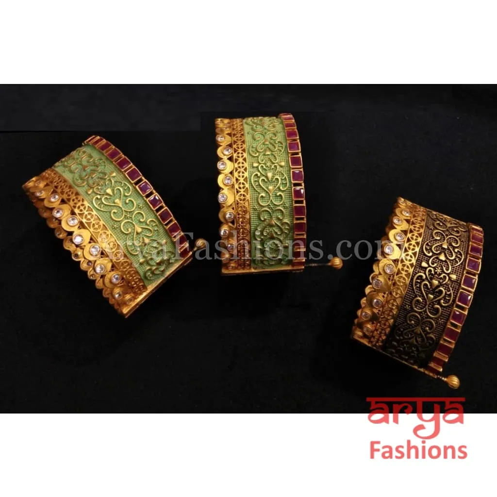 Naina Mint Green Jadau Bracelet Bangles with Kundan and Ruby Stones