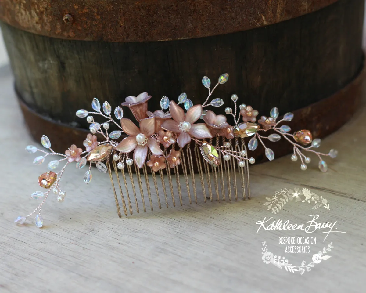 Natalia Floral Spray Crystal, Pearl & Rhinestone Comb - Color options available