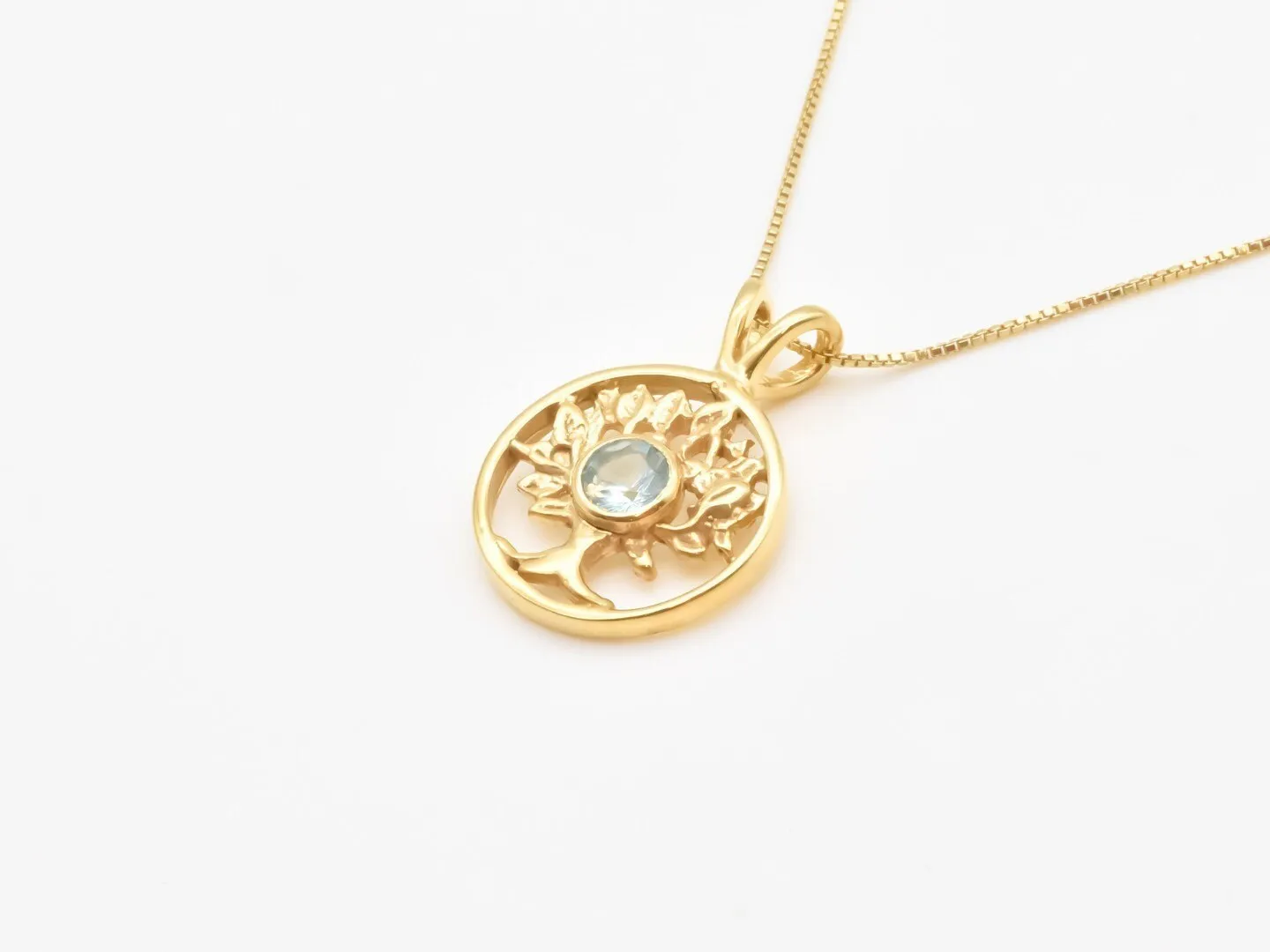 Natural Blue Topaz Pendant - Gold Tree of Life Necklace, December Birthstone Pendant