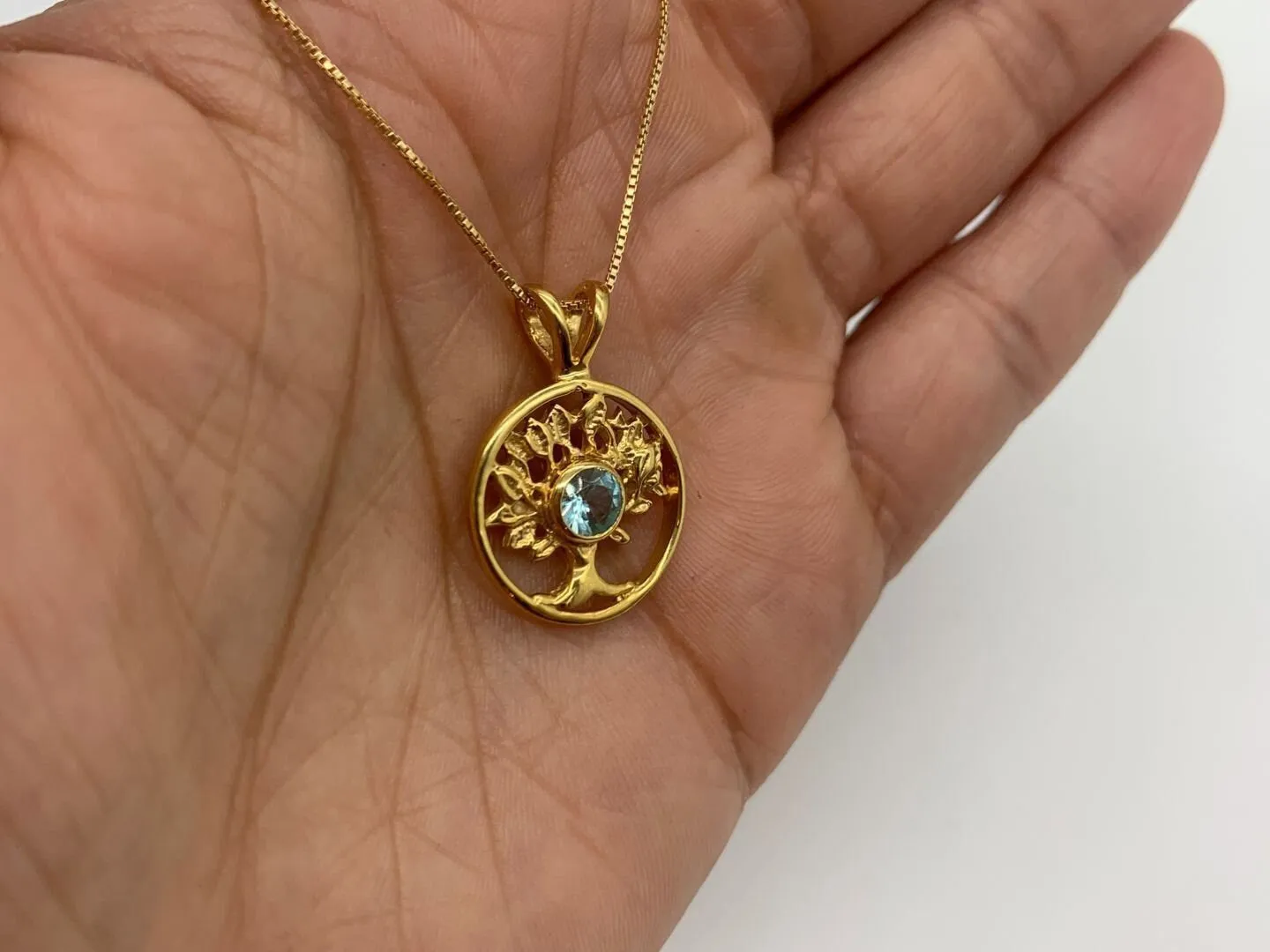 Natural Blue Topaz Pendant - Gold Tree of Life Necklace, December Birthstone Pendant