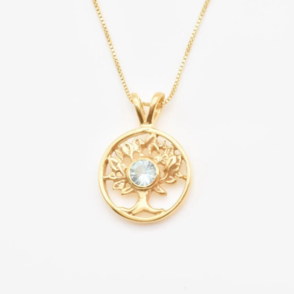 Natural Blue Topaz Pendant - Gold Tree of Life Necklace, December Birthstone Pendant