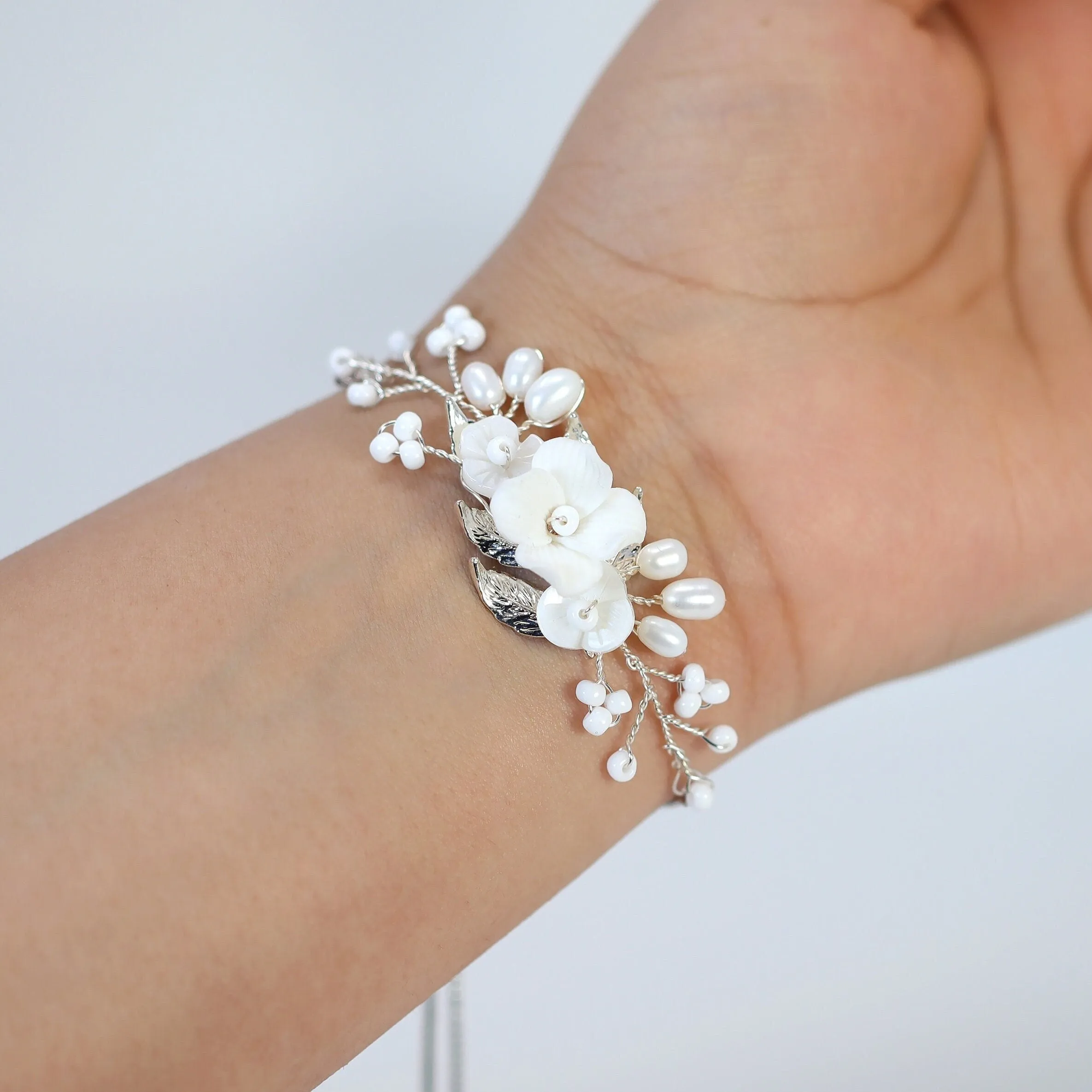 Natural Cultured Pearl White Flower Bridal Bracelet, Ceramic White Flower Opal Bracelet, Statement Bracelet, Porcelain Bracelet.