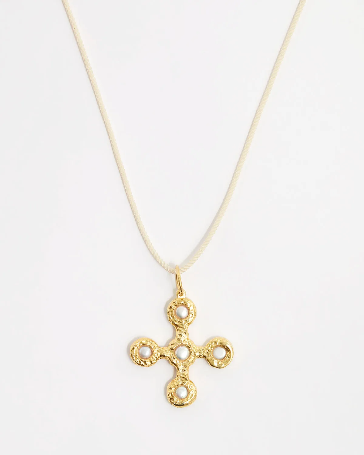 Necklace Pearl Cross Cord Gold-White