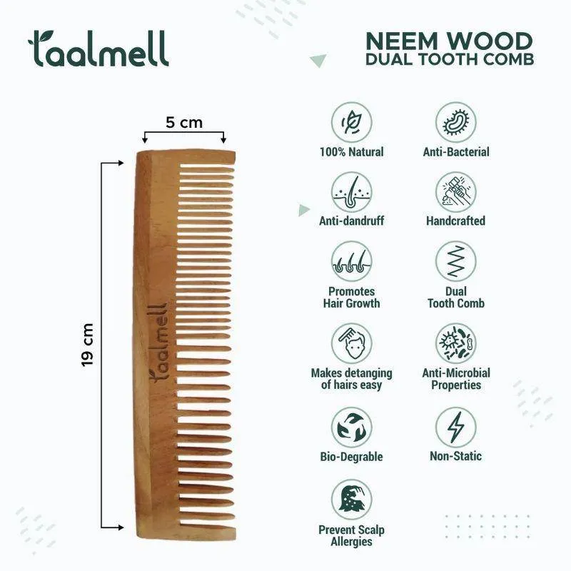 Neem Wood Dual Tooth Comb - Pack of 2 | Narrow & wide toothed tips | Anti-Bacterial Comb