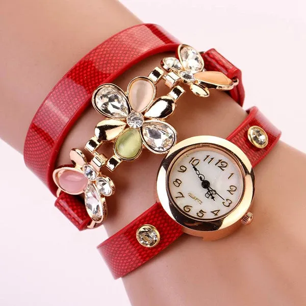 New Women Leather Strap Watches Flower Bracelet Women Dress Watch Wristwatches Top Brand Opal Girl's Gift Fashion