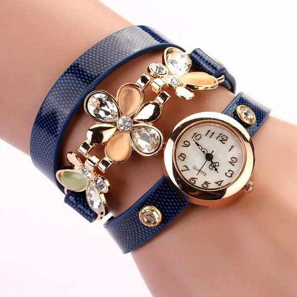 New Women Leather Strap Watches Flower Bracelet Women Dress Watch Wristwatches Top Brand Opal Girl's Gift Fashion