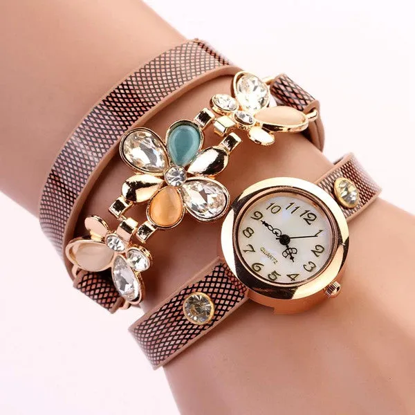 New Women Leather Strap Watches Flower Bracelet Women Dress Watch Wristwatches Top Brand Opal Girl's Gift Fashion