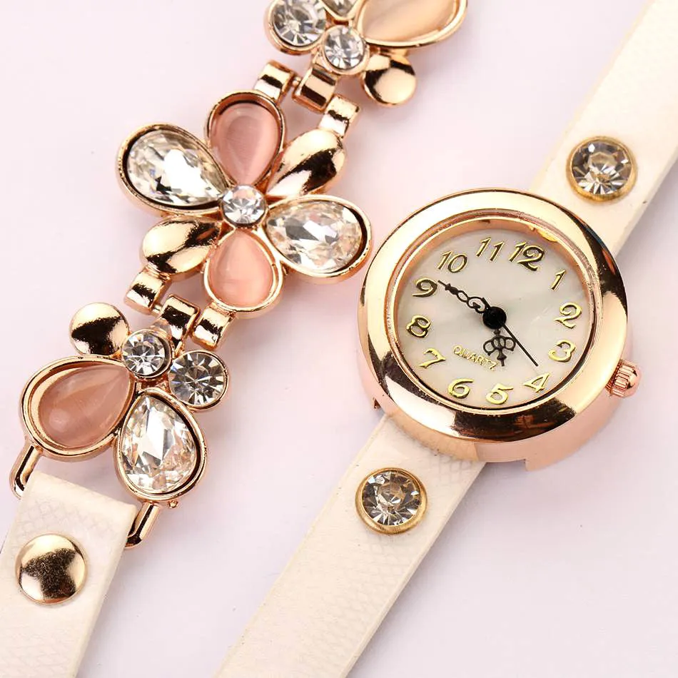 New Women Leather Strap Watches Flower Bracelet Women Dress Watch Wristwatches Top Brand Opal Girl's Gift Fashion