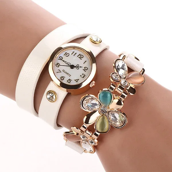 New Women Leather Strap Watches Flower Bracelet Women Dress Watch Wristwatches Top Brand Opal Girl's Gift Fashion