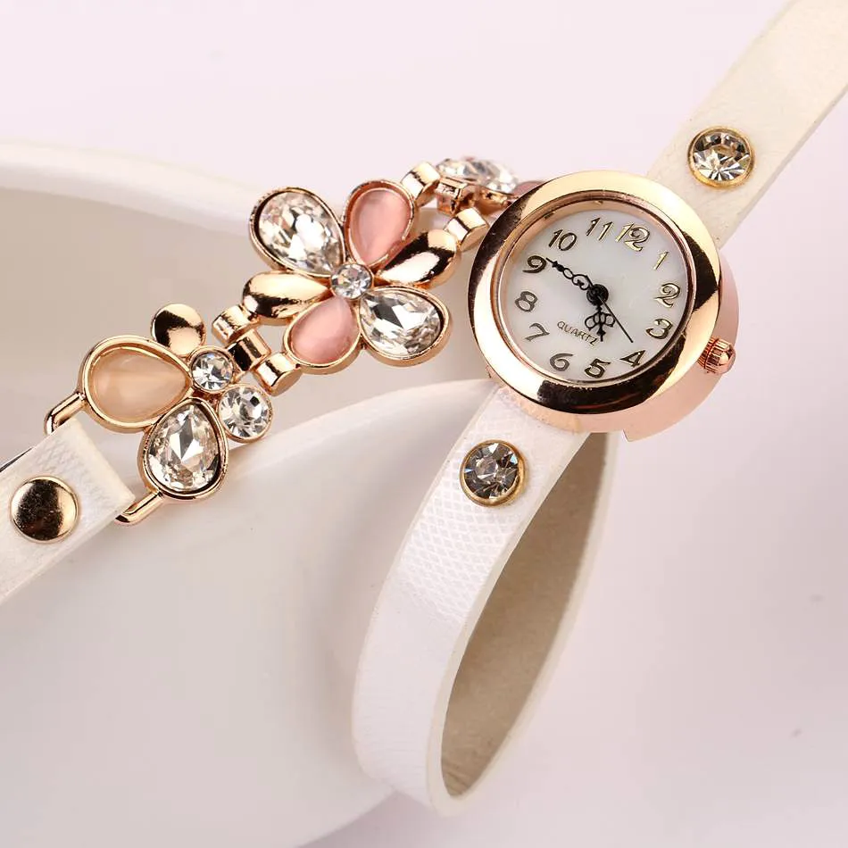 New Women Leather Strap Watches Flower Bracelet Women Dress Watch Wristwatches Top Brand Opal Girl's Gift Fashion