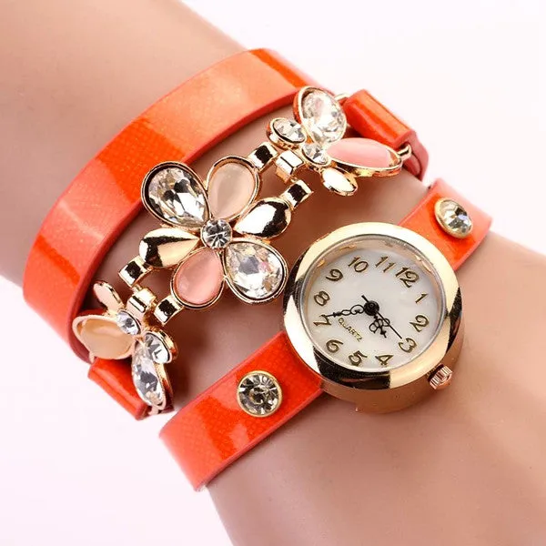 New Women Leather Strap Watches Flower Bracelet Women Dress Watch Wristwatches Top Brand Opal Girl's Gift Fashion