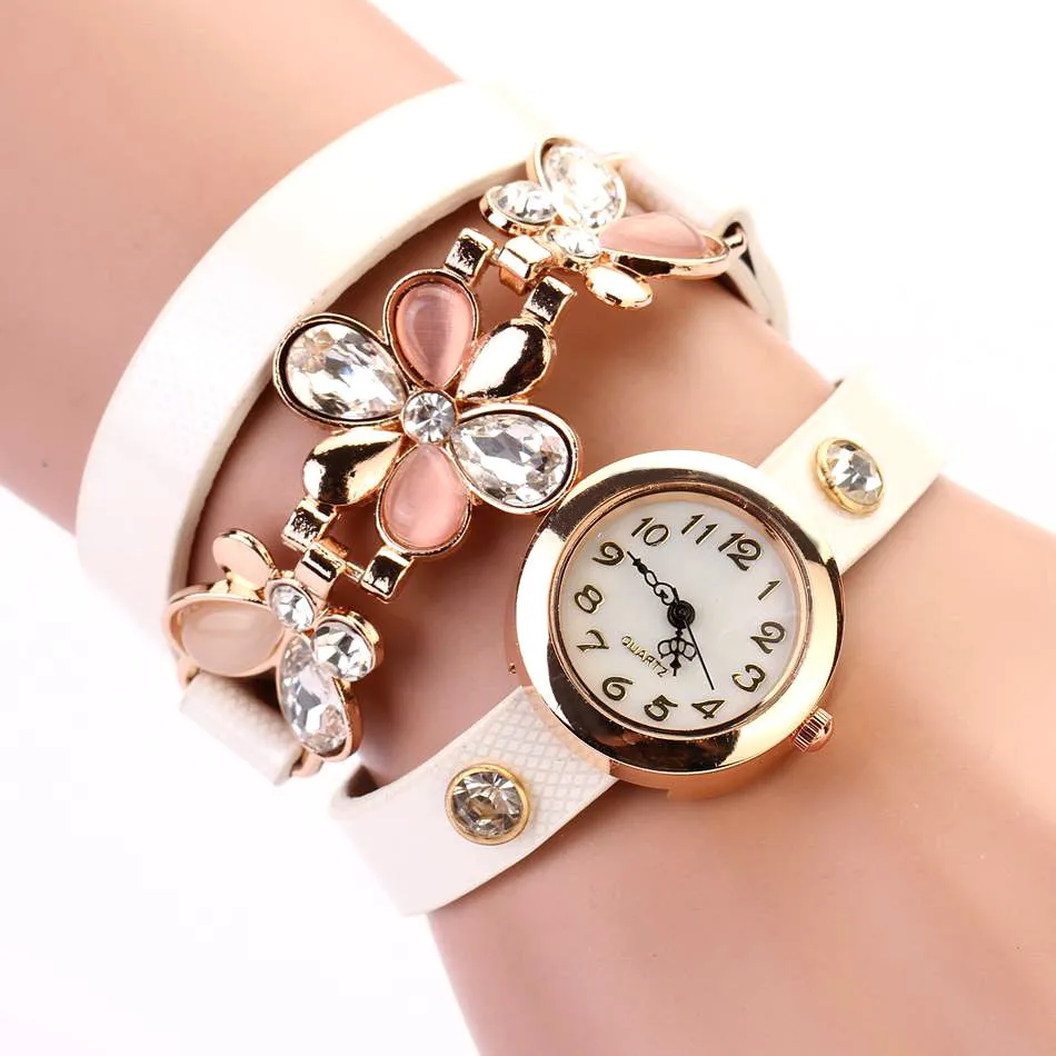 New Women Leather Strap Watches Flower Bracelet Women Dress Watch Wristwatches Top Brand Opal Girl's Gift Fashion