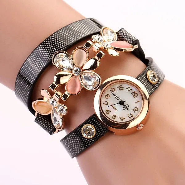 New Women Leather Strap Watches Flower Bracelet Women Dress Watch Wristwatches Top Brand Opal Girl's Gift Fashion