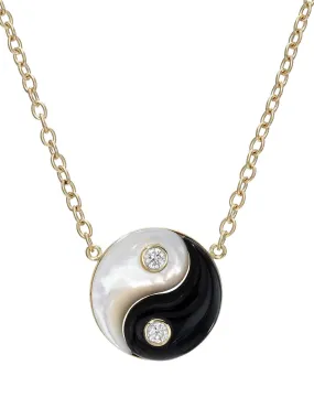 Onyx and White Mother Of Pearl Yellow Gold Yin Yang Pendant Necklace