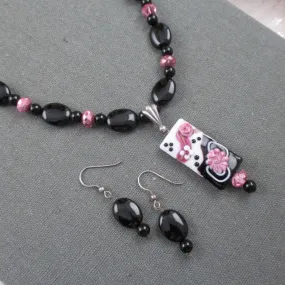 Onyx Necklace with Handmade Black & Pink Pendant