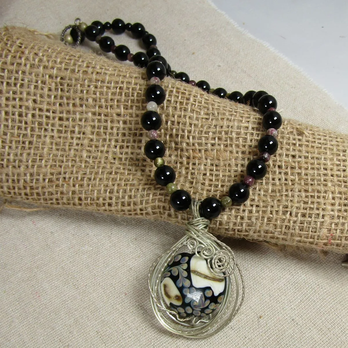 Onyx Necklace with Wire Wrapped Black and White Lampwork Pendant