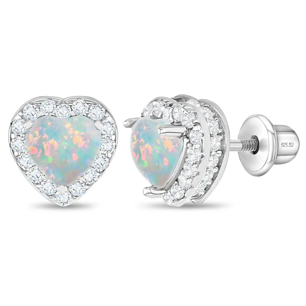 Opal CZ Heart Kids / Children's / Girls Earrings Screw Back - Sterling Silver