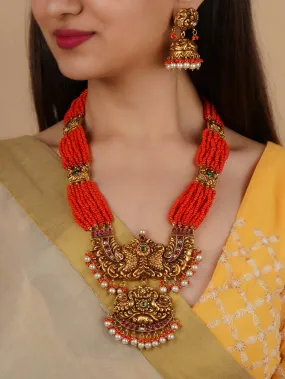 Orange Color Gold Plated Temple Necklace Set - TMPSET216