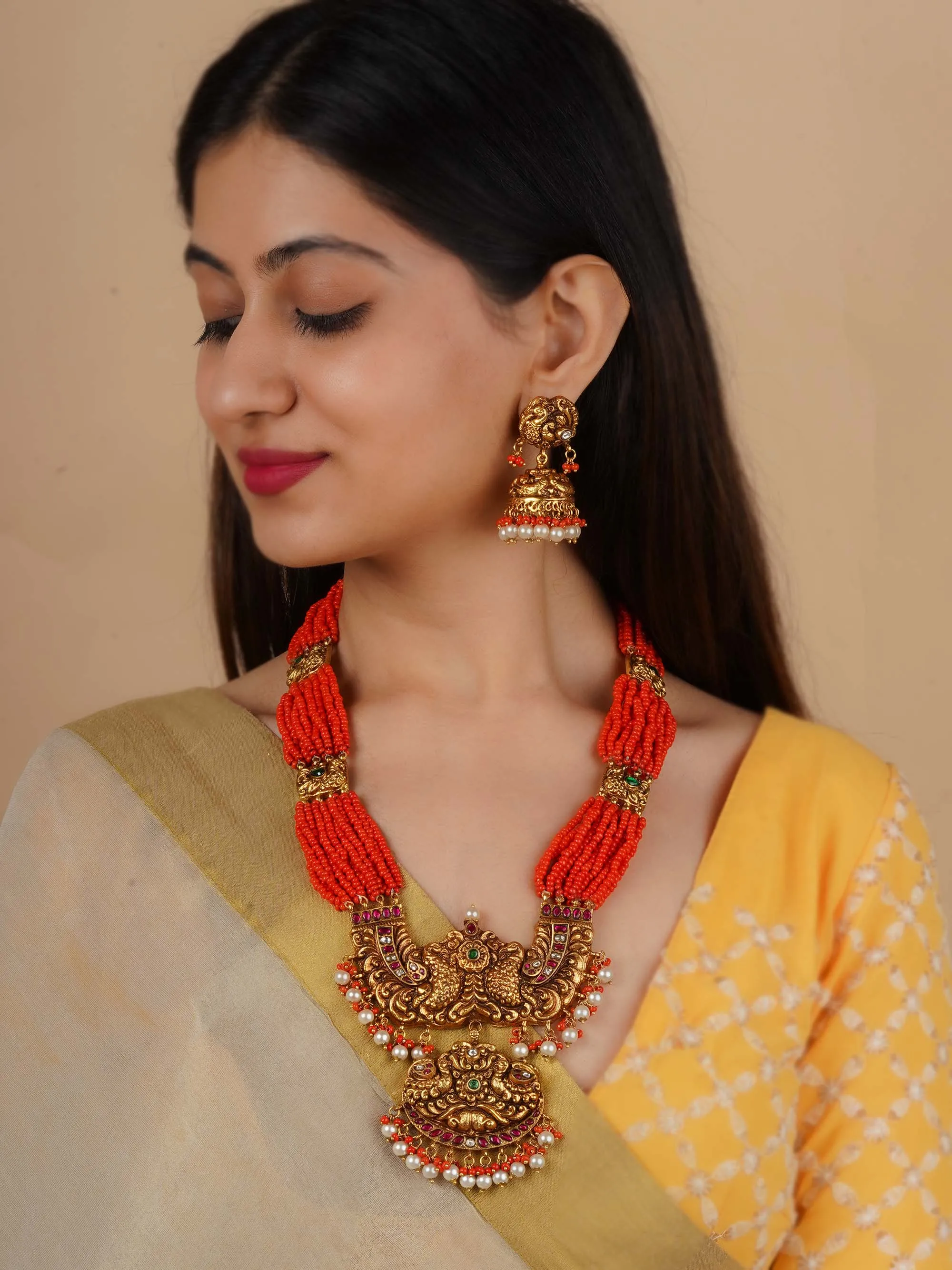 Orange Color Gold Plated Temple Necklace Set - TMPSET216