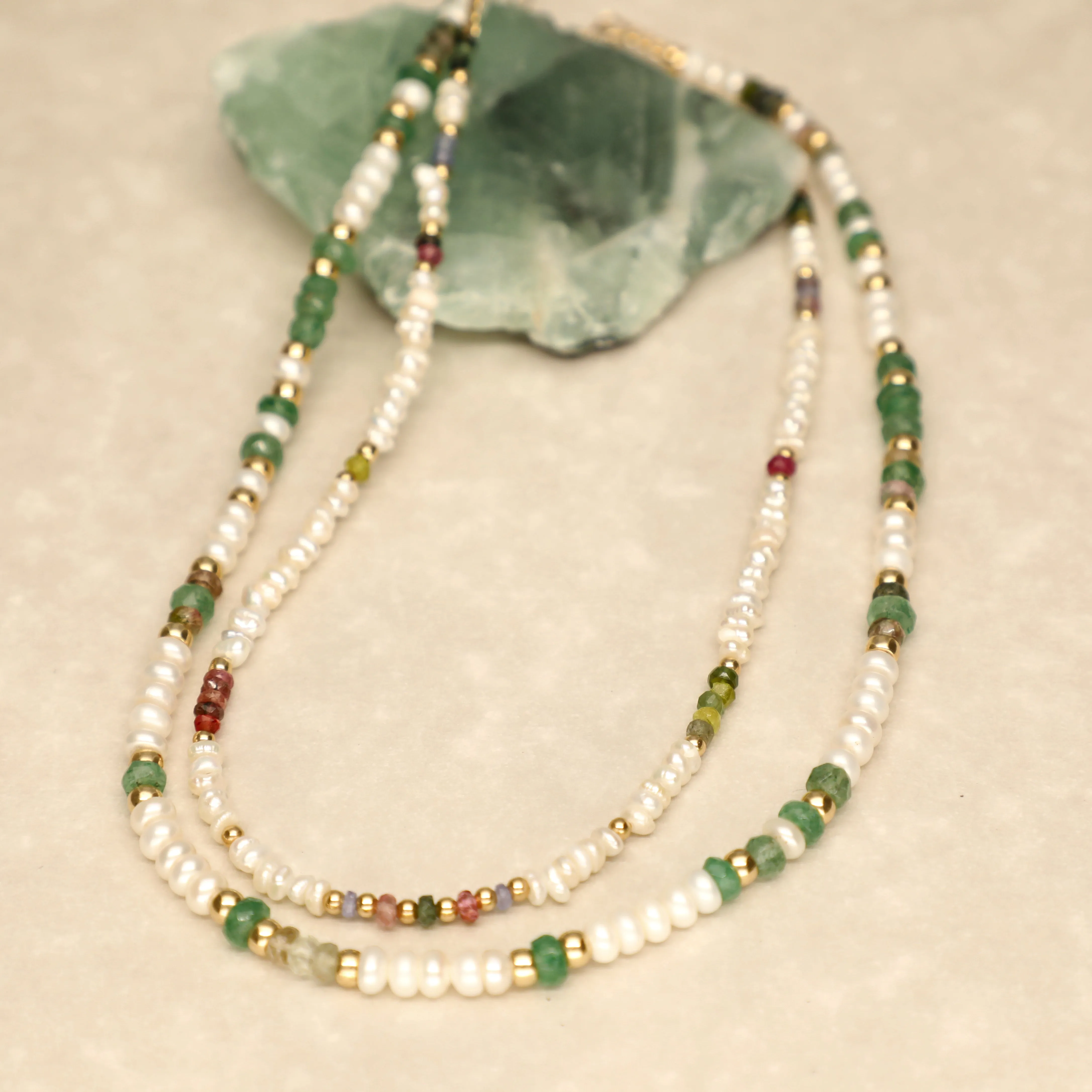 Pearl Emerald and Tourmaline Chunky Necklace