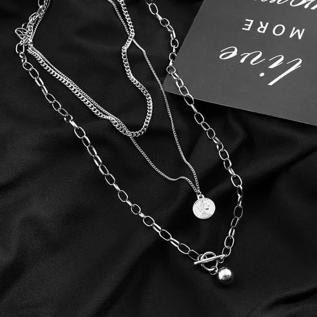 Personality Hip Hop Multilayer Necklace Metal Cross Pendant Silver Necklace Women's Men's Unisex Jewelry