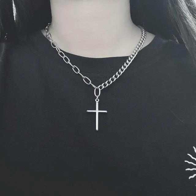 Personality Hip Hop Multilayer Necklace Metal Cross Pendant Silver Necklace Women's Men's Unisex Jewelry