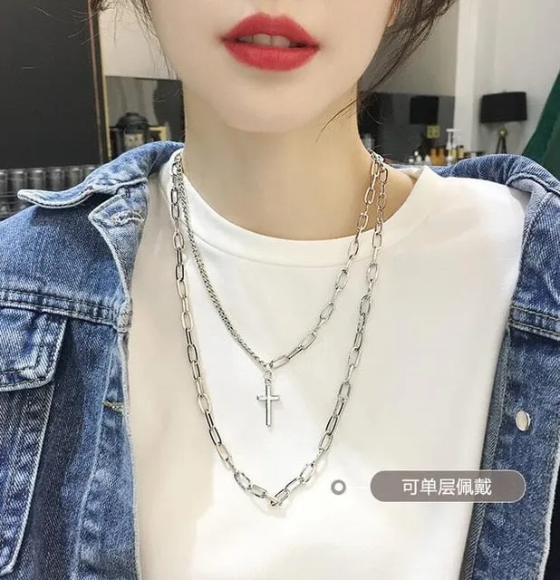 Personality Hip Hop Multilayer Necklace Metal Cross Pendant Silver Necklace Women's Men's Unisex Jewelry