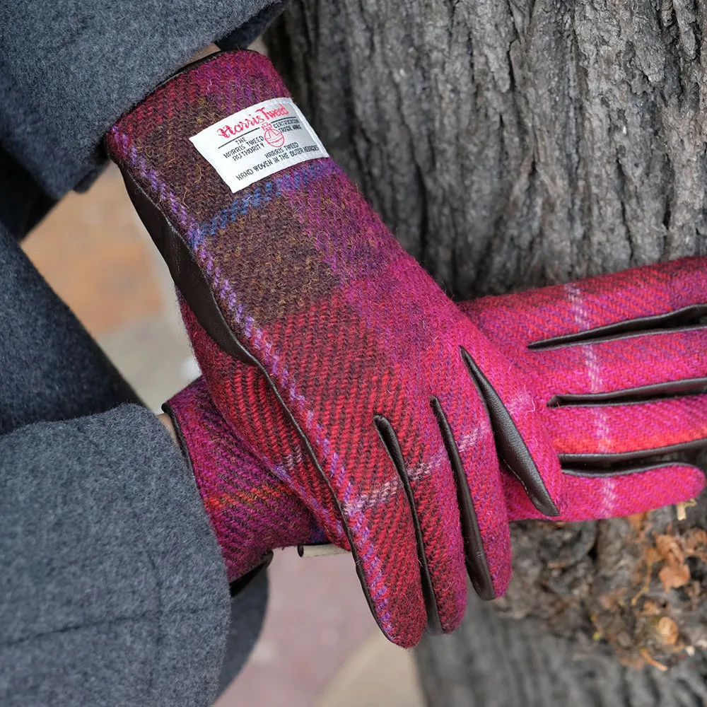 Pink Harris Tweed and Brown Leather Womens Gloves