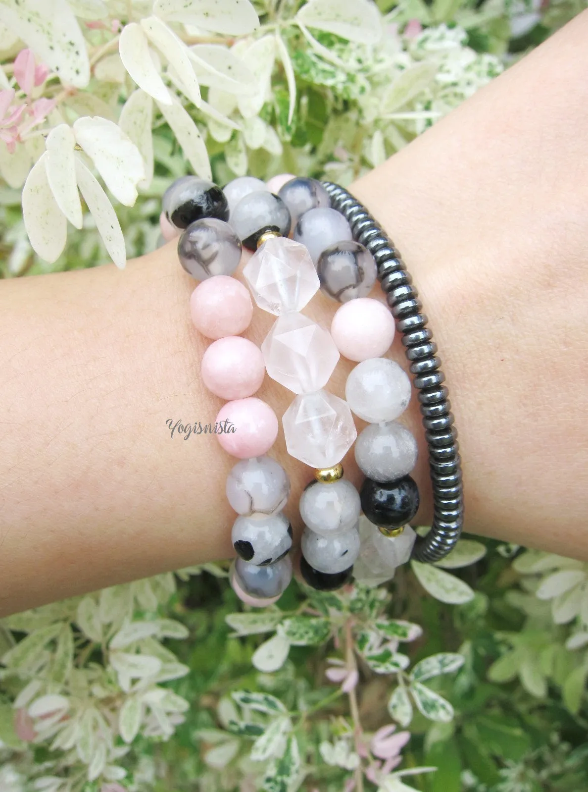 Pink Opal, Rose Quartz and Agate Single Mala Bracelet