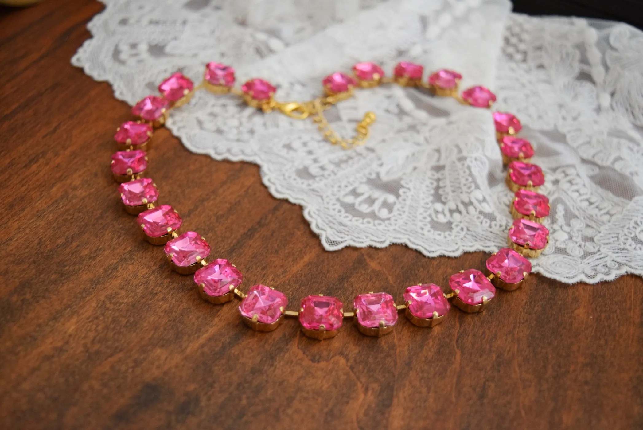 Pink Topaz Collet Necklace - Medium Square