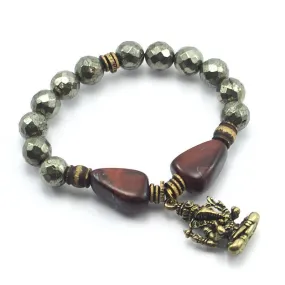 Pyrite and Tiger's Eye Stretch Bracelet with Brass Ganesha Amulet