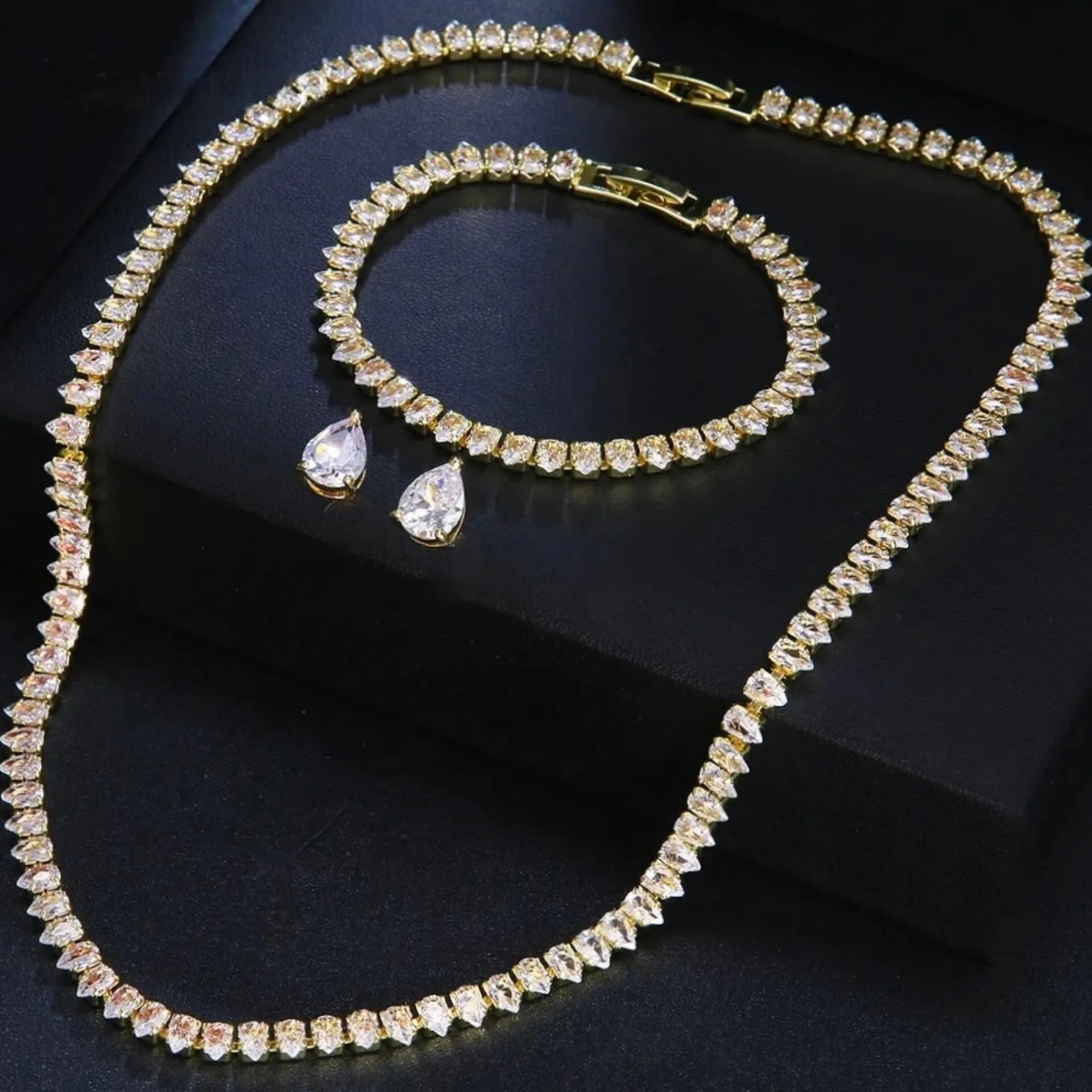 "Frederika" - Cubic Zirconia Bridal Three-Piece Jewelry Set - Available in Silver, Rose Gold and Yellow Gold