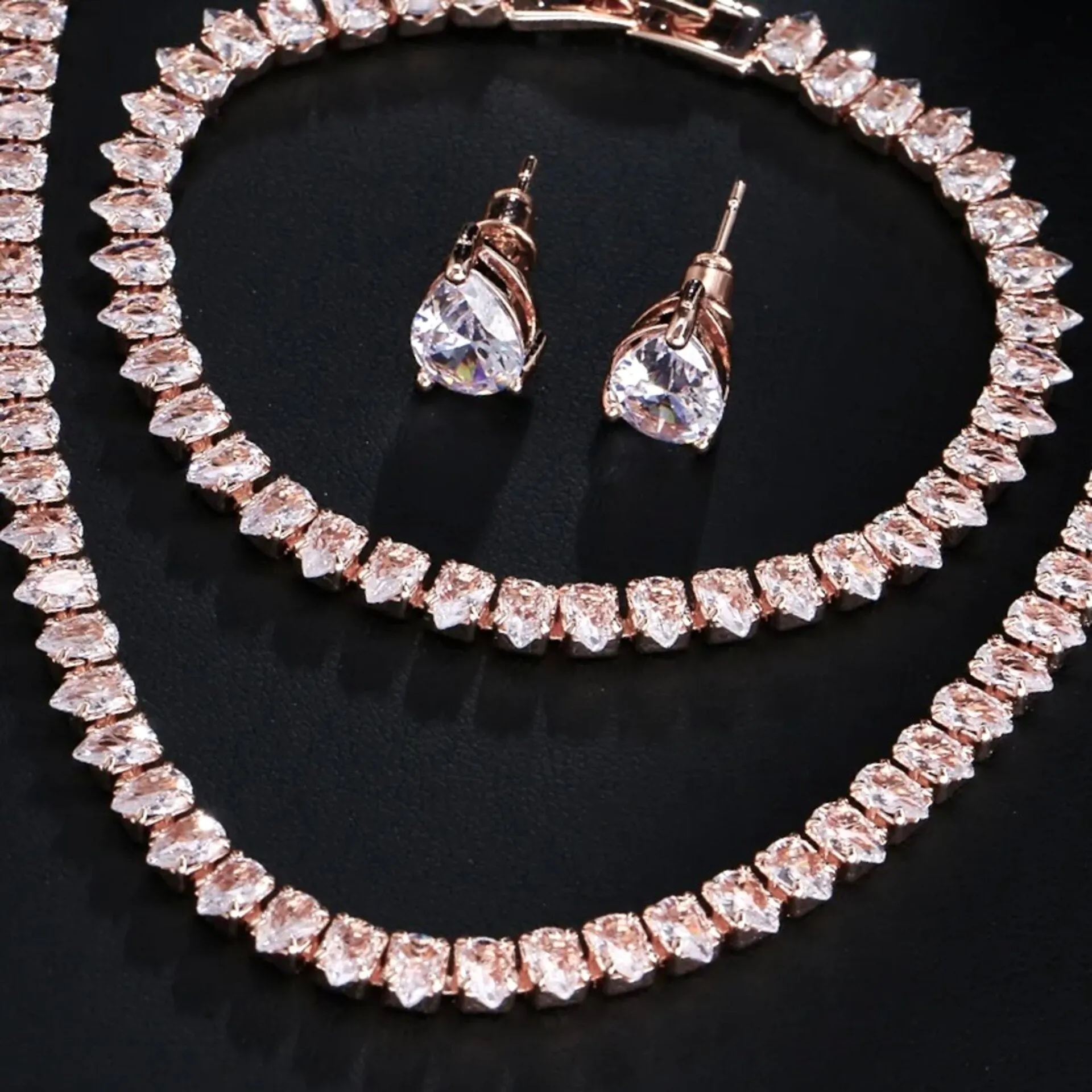 "Frederika" - Cubic Zirconia Bridal Three-Piece Jewelry Set - Available in Silver, Rose Gold and Yellow Gold