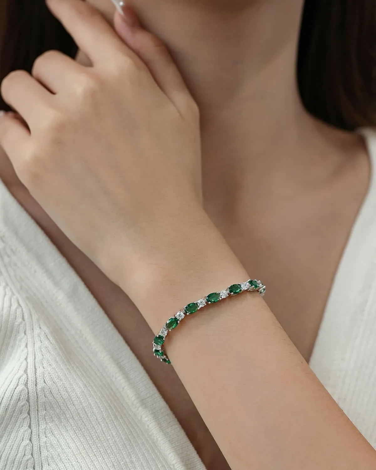 "Glamour Radiance" May Birthstone Fancy Cut Tennis Emerald Sterling Silver Bracelet