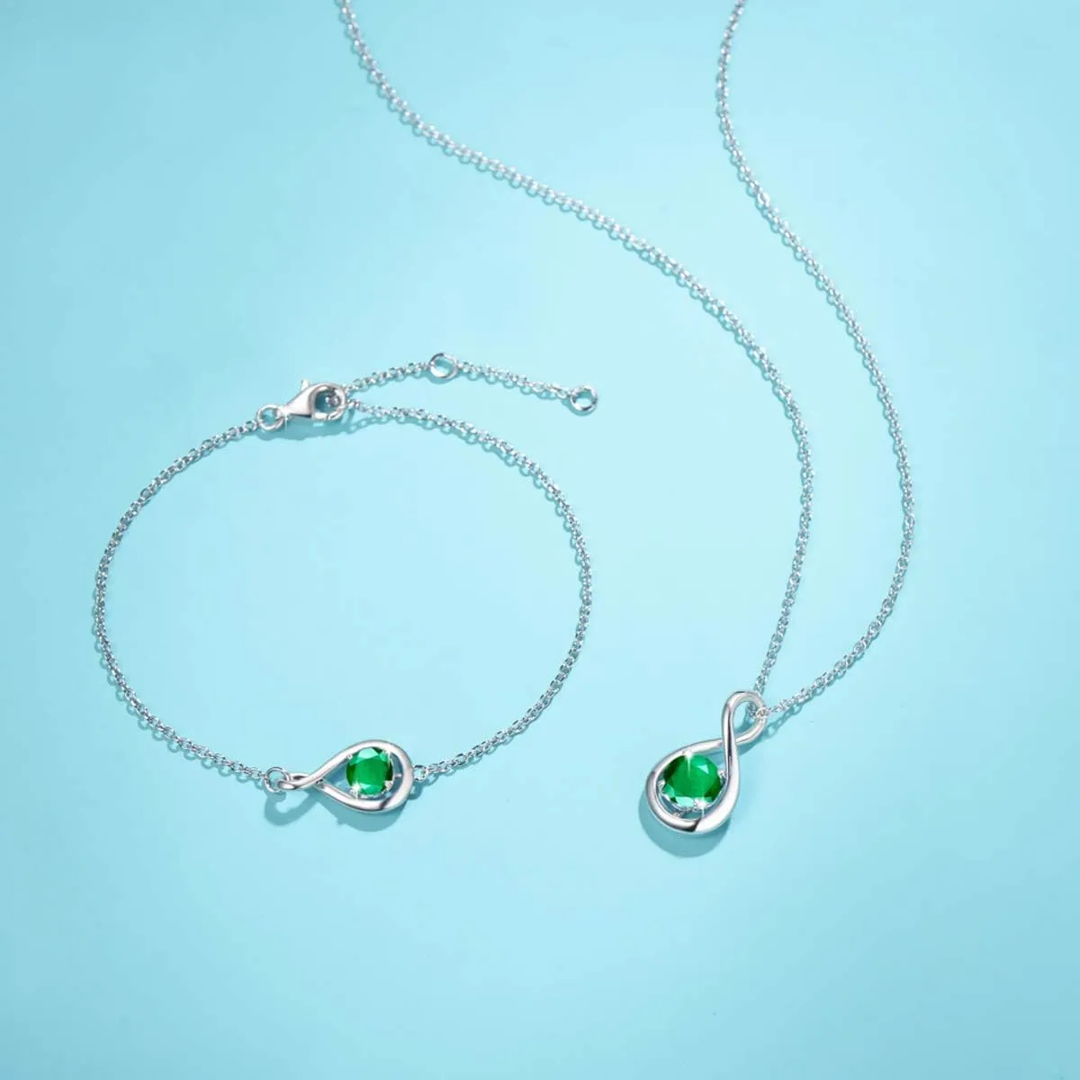 "Infinite Embrace" May Birthstone Emerald Stone Infinity Symbol Sterling Silver Pendant Necklace