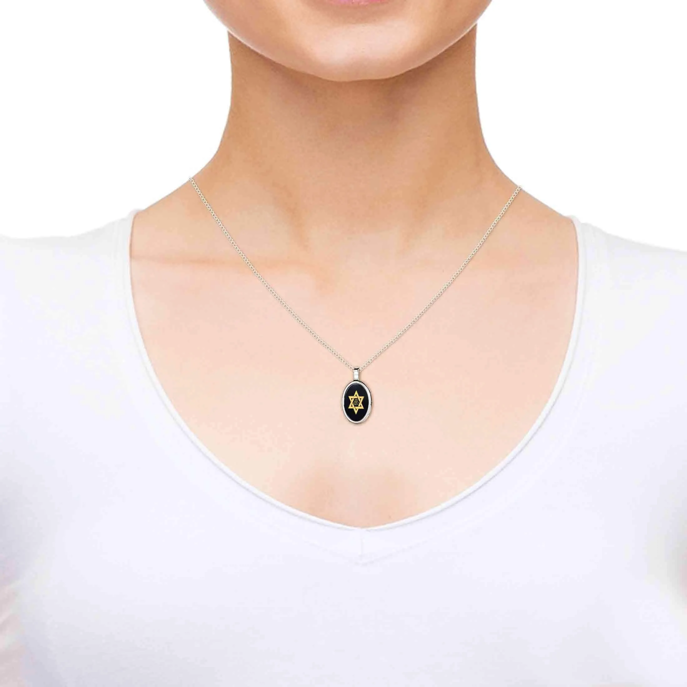 "Shema Yisrael", 14k White Gold Necklace, Onyx