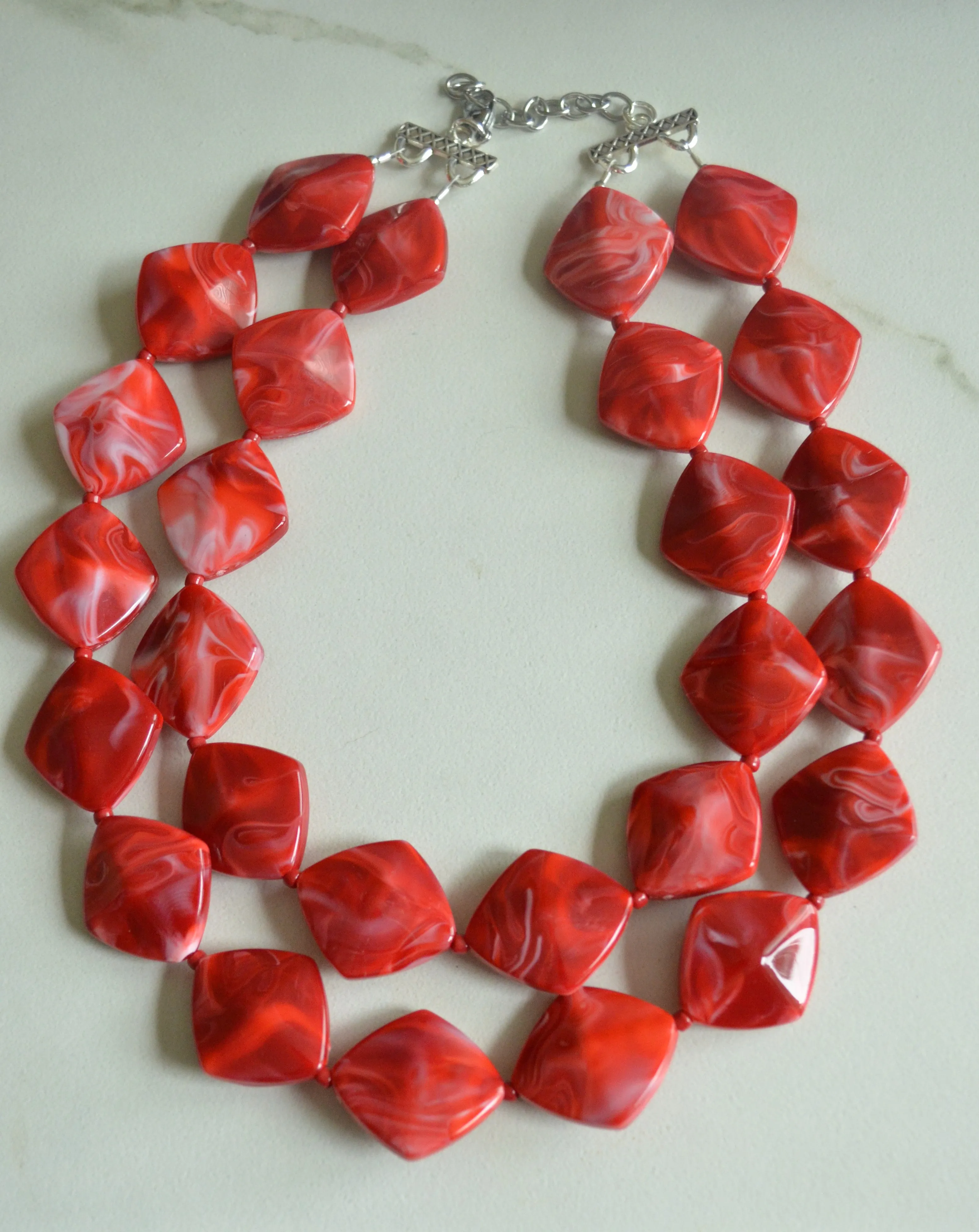 Red Acrylic Bead Chunky Multi Strand Statement Necklace - Krista