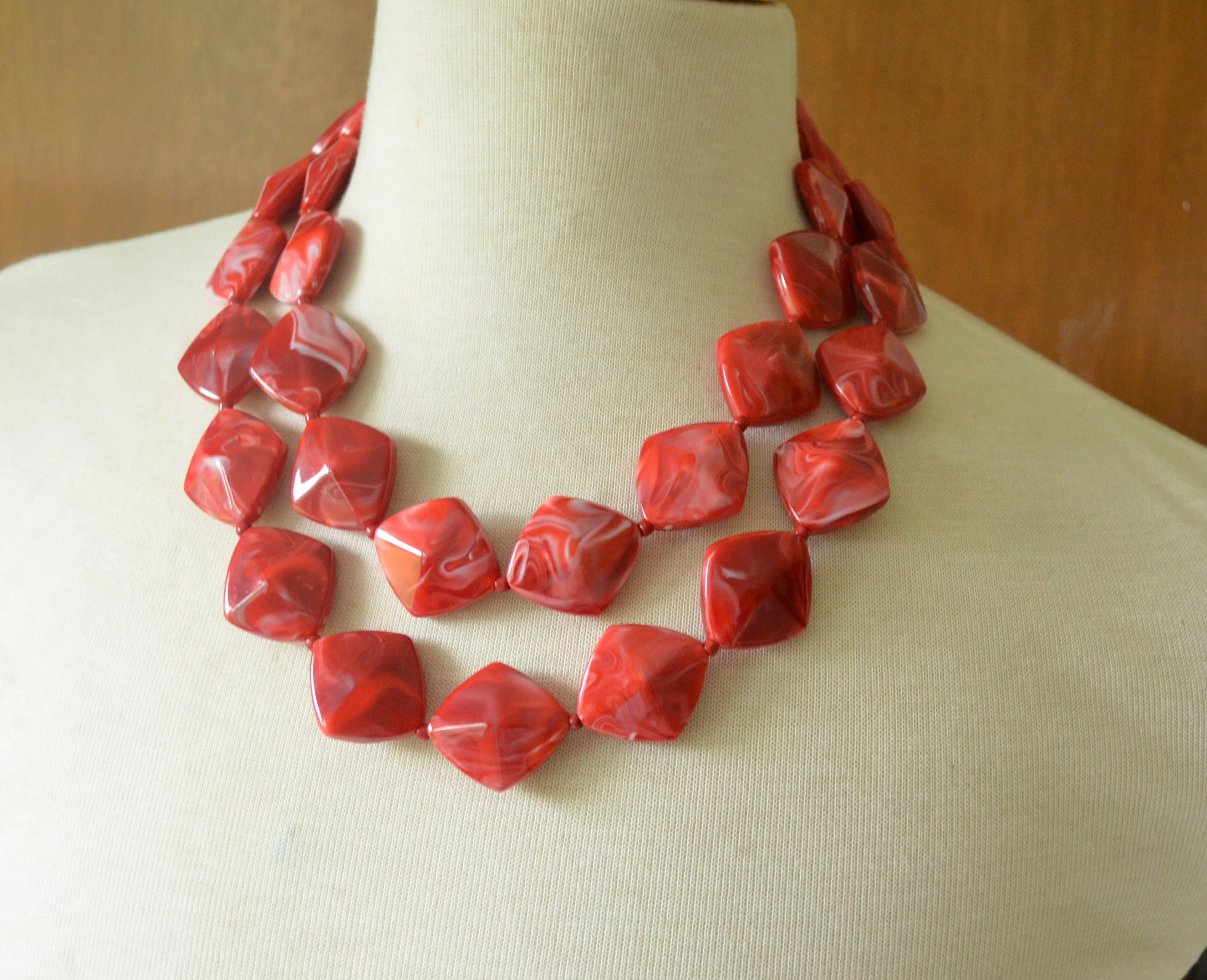 Red Acrylic Bead Chunky Multi Strand Statement Necklace - Krista