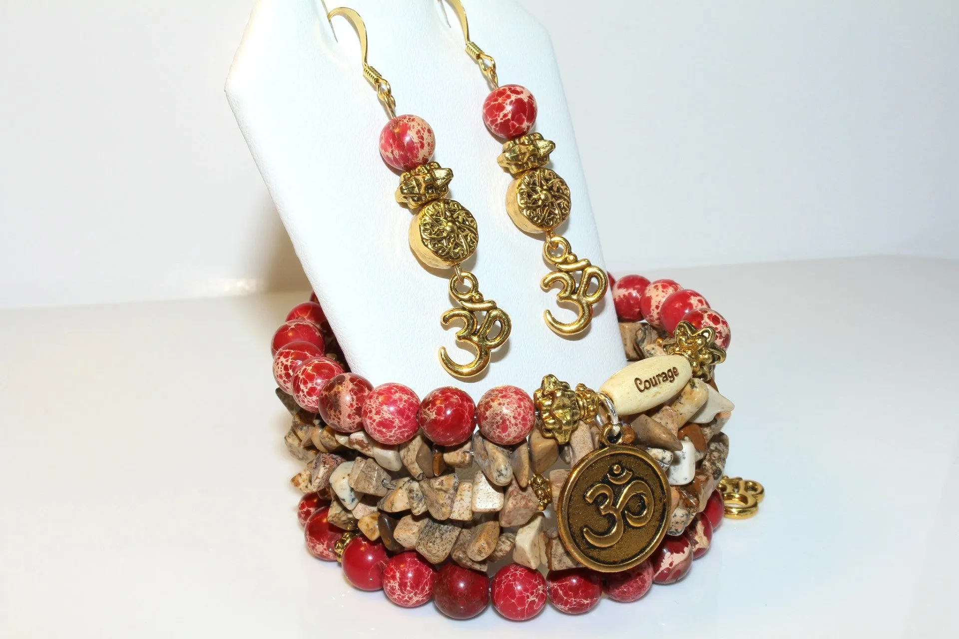 Red Imperial And Picture Jasper Gemstone, Om Charms Cuff Wrap Bracelet And Earrings Set